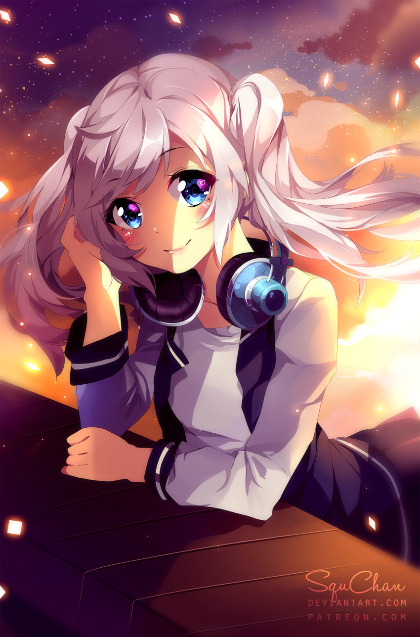 1girl arm_support artist_name bangs blue_eyes blush character_request closed_mouth clouds cloudy_sky eyebrows eyebrows_visible_through_hair green_hair hand_to_head headphones headphones_around_neck heart heart-shaped_pupils highres jacket lips long_hair long_sleeves looking_at_viewer pink_lips sidelocks skirt sky smile solo squadra star_(sky) starry_sky sunset symbol-shaped_pupils twintails undershirt watermark web_address