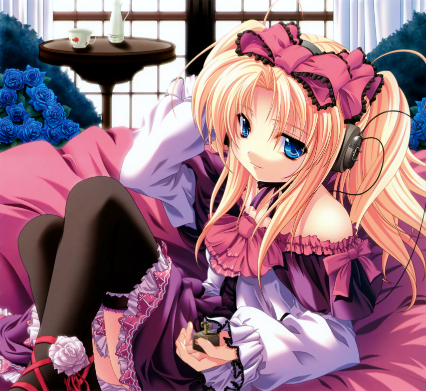 bare_shoulders bed blonde_hair blue_eyes bow choker cup curtains dress flower frills hair_bow hair_ribbon hand_on_ear headphones highres kanojo_tachi_no_ryuugi long_hair lying miyama-zero music_box pitcher ribbon rose shirogane_tobari sitting smile solo sunlight table teacup thigh-highs thighhighs twintails upskirt wide_sleeves window