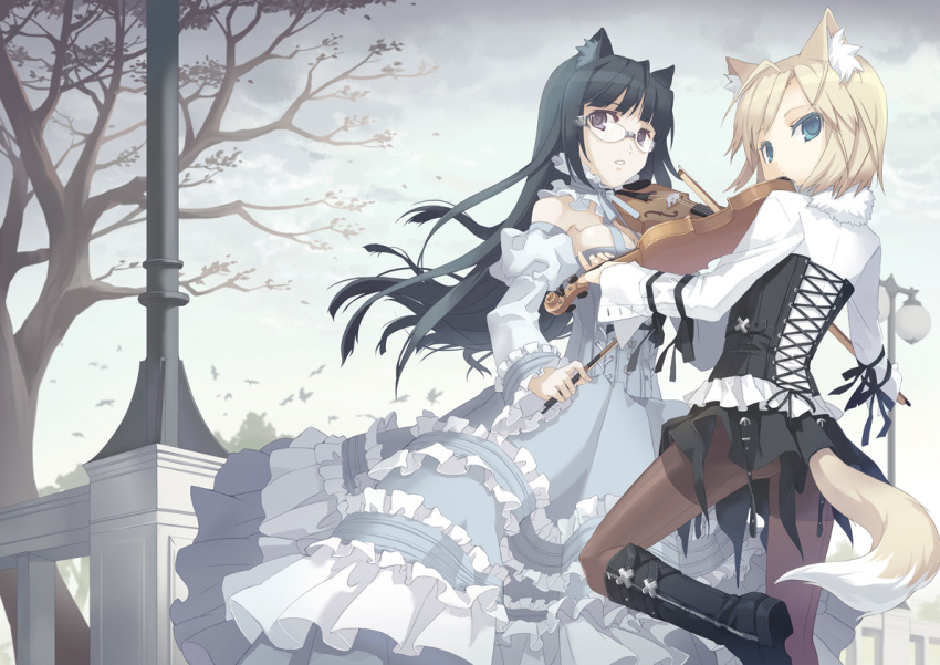 animal_ears black_hair blonde_hair blue_eyes boots detached_sleeves dress fox_ears frills glasses h2so4 highres instrument leg_lift long_hair looking_back multiple_girls original outdoors pantyhose purple_eyes short_hair tail tails violet_eyes violin