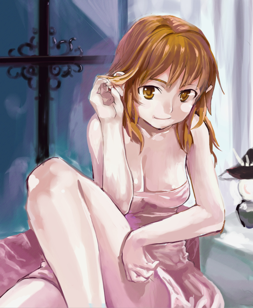 bad_id breasts brown_eyes brown_hair cleavage hands highres long_hair naked_towel original sasaki_toshiyuki smile towel