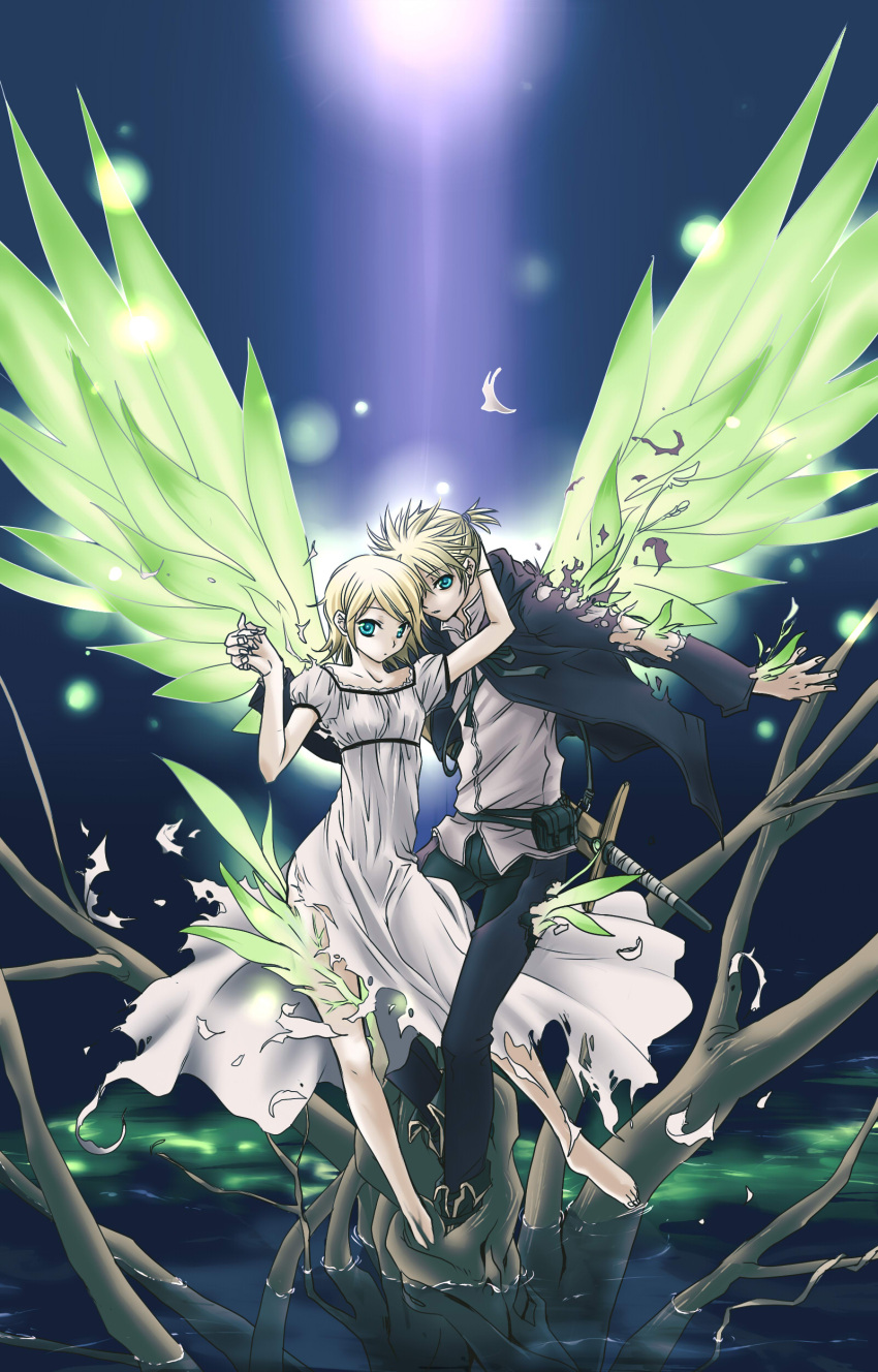 blonde_hair blue_eyes boots dress hand_holding highres holding_hands kagamine_len kagamine_rin nanao sheath sheathed short_hair siblings sword torn_clothes twins vocaloid water weapon white_dress wings