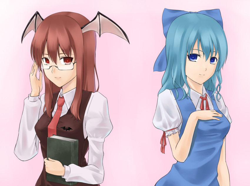 adjusting_glasses adult alternate_hair_length alternate_hairstyle armband bat bat_wings bespectacled blue_hair cirno glasses head_wings headwings jumper koakuma long_hair looking_at_viewer multiple_girls necktie no_wings red_hair redhead ribbon smile tadokoro_teppei taut_shirt touhou vest wings