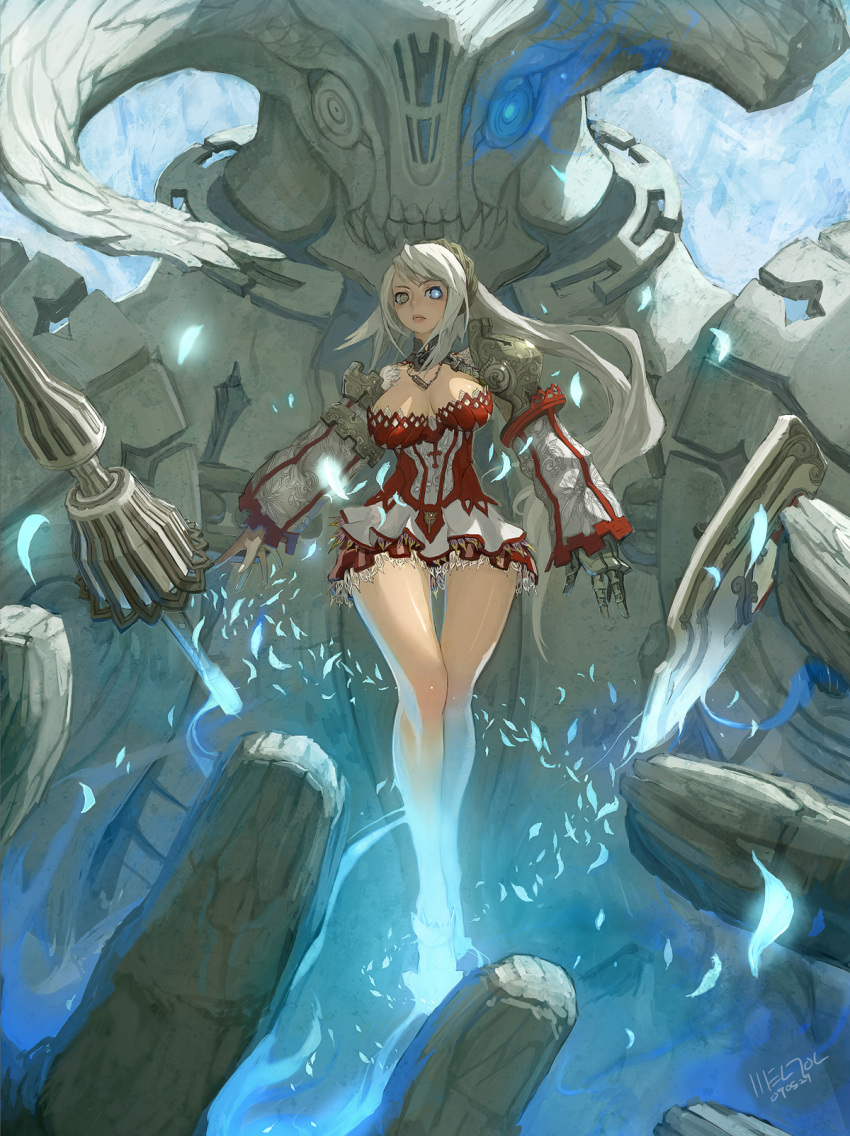 breasts brown_eyes dress fantasy female giant gigandal_federation glowing glowing_eye glowing_eyes heterochromia highres jewelry lance large_breasts legs lips long_hair magic necklace original pixiv_fantasia pixiv_fantasia_3 polearm statue thigh_gap weapon weltol white_hair wide_hips