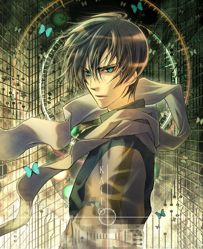blue_eyes blue_hair butterfly highres kaito male scarf serious shijuu_hachi short_hair solo vocaloid