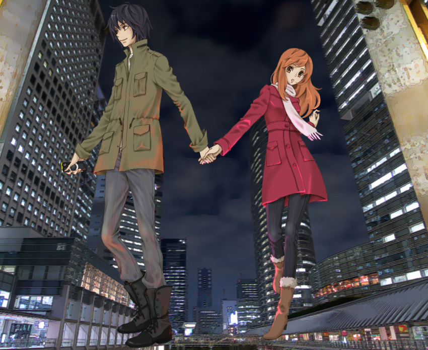cityscape coat hand_holding higashi_no_eden holding_hands hyaku morimi_saki night night_sky photo_background scarf sky takizawa_akira