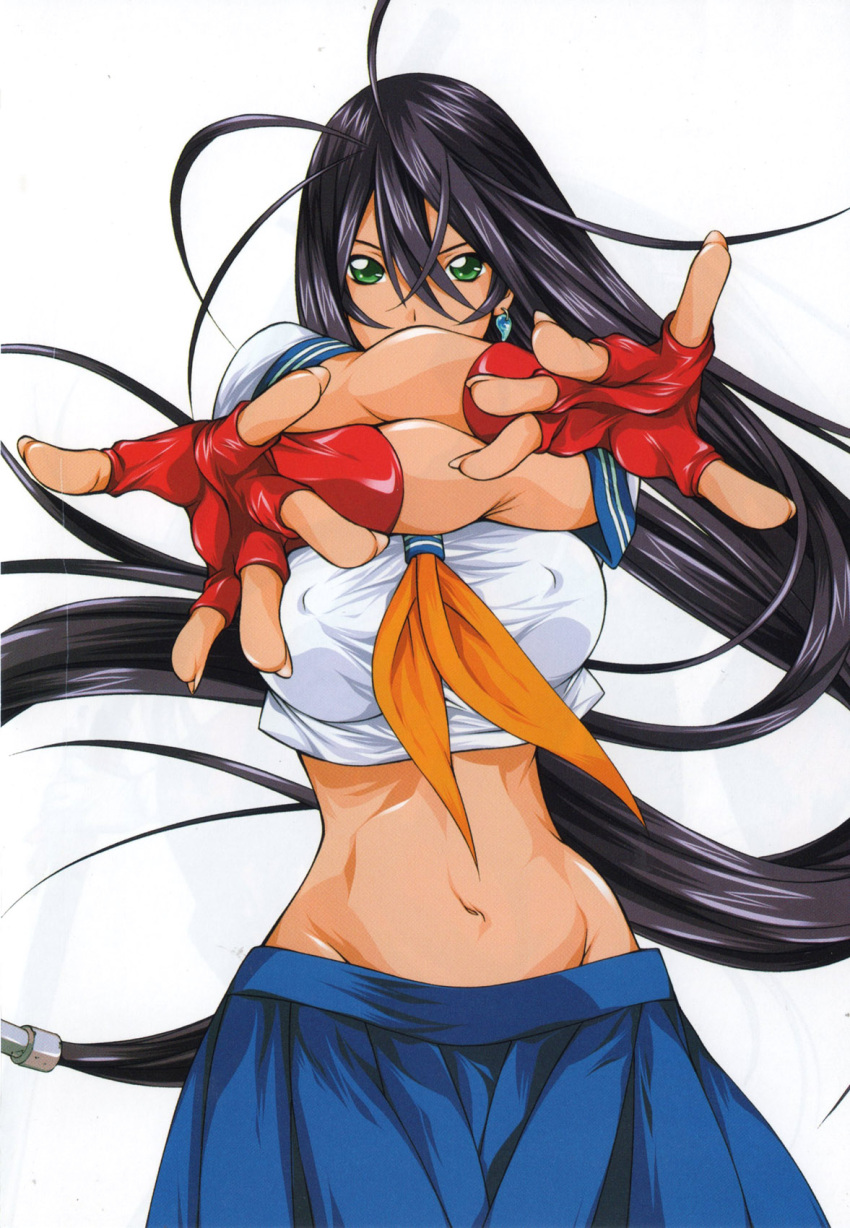 bangs black_hair breasts crop_top crossed_arms earrings erect_nipples fingerless_gloves fingernails foreshortening gloves green_eyes hair_tubes highres ikkitousen jewelry kan'u_unchou kanu_unchou large_breasts long_fingernails long_hair looking_at_viewer lowleg magatama midriff navel necktie no_panties official_art pleated_skirt red_gloves scan scan_artifacts school_uniform serafuku shiozaki_yuji simple_background skirt very_long_hair wide_hips