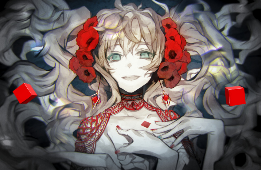1girl bare_shoulders breasts cleavage collarbone cube dress earrings flower frilled_dress frills green_eyes grey_hair hair_flower hair_ornament hands_on_own_chest jewelry lace long_hair nail_polish nozaki_tsubata open_mouth original red_nails solo twintails upper_body