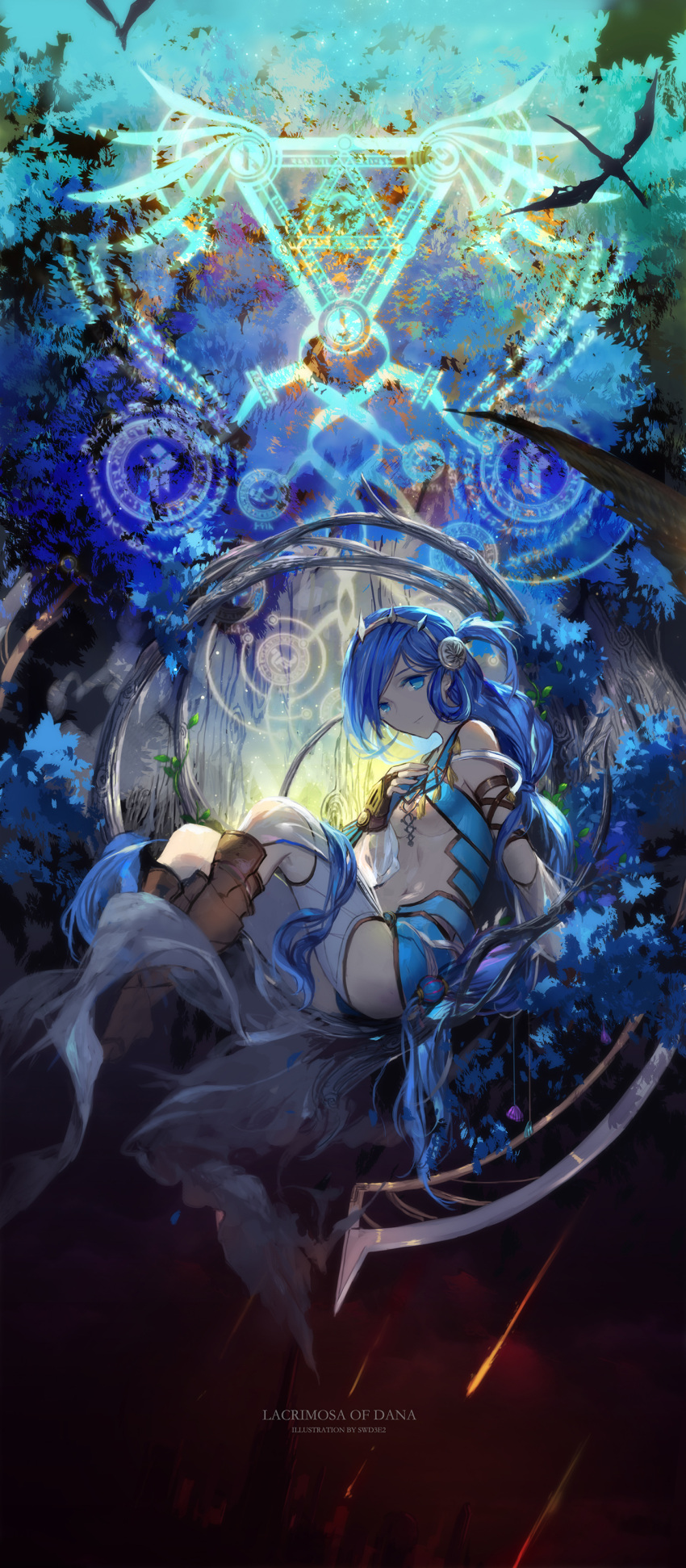 1girl absurdres blue_eyes blue_hair boots breasts cleavage highres long_hair swd3e2 tree