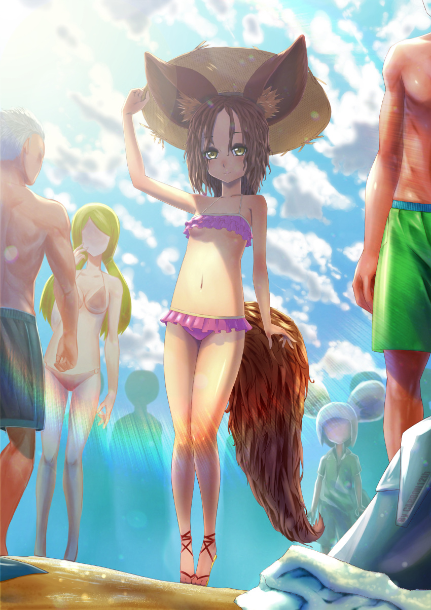 2girls 3boys animal_ears arm_up bikini blade_&amp;_soul blonde_hair breasts brown_eyes brown_hair cleavage clouds dog_ears faceless faceless_female faceless_male hand_on_headwear hat highres long_hair long_tail lyn_(blade_&amp;_soul) mouse_ears multiple_boys multiple_girls navel paws sandals short_hair shorts sky small_breasts smile sun_hat swimsuit tail toes under_boob