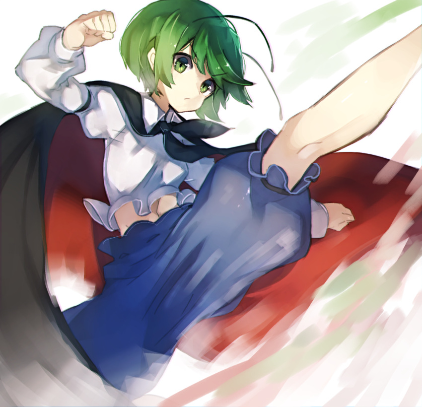 1girl :/ antenna_hair arm_up bangs bei_mochi blue_pants clenched_hand closed_mouth eyebrows eyebrows_visible_through_hair green_eyes green_hair highres kicking long_sleeves looking_at_viewer navel neckerchief pants short_hair simple_background solo touhou white_background wriggle_nightbug