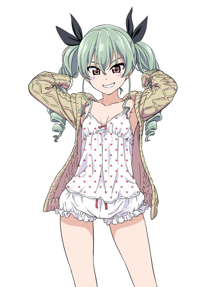 1girl alternate_costume anchovy arms_up bloomers blush brown_eyes cardigan casual collarbone drill_hair girls_und_panzer green_hair hair_between_eyes hair_ribbon highres hiroyuki long_hair long_sleeves open_cardigan open_clothes polka_dot ribbon shorts simple_background sleeves_past_wrists smile solo standing twin_drills twintails underwear white_background
