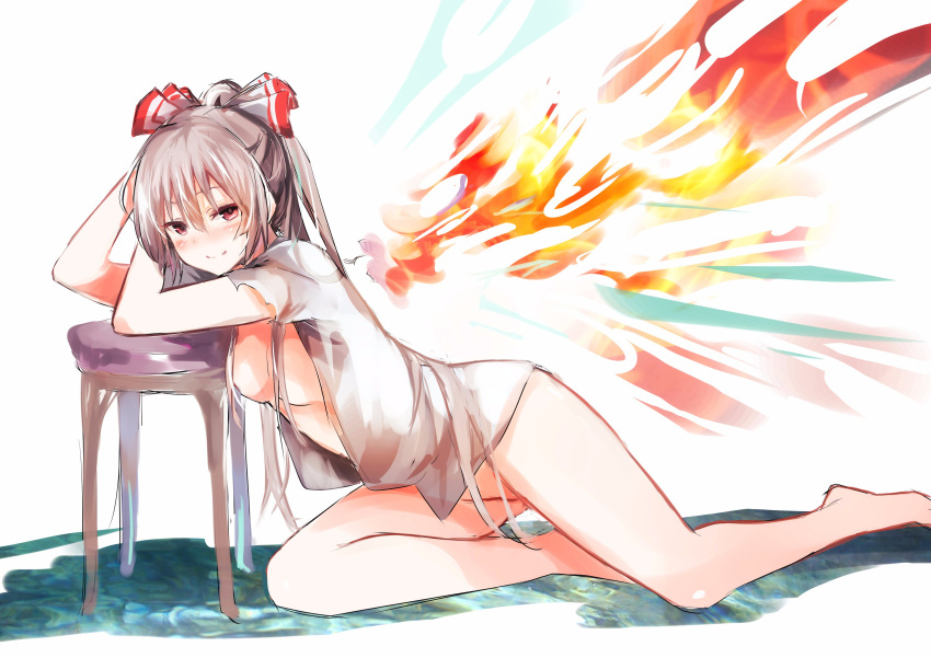 1girl absurdres amamitsu_kousuke blush bottomless bow breasts closed_mouth commentary fiery_wings fujiwara_no_mokou hair_bow highres long_hair looking_at_viewer open_clothes open_shirt ponytail red_eyes shirt short_sleeves silver_hair small_breasts smile solo touhou white_bow white_shirt