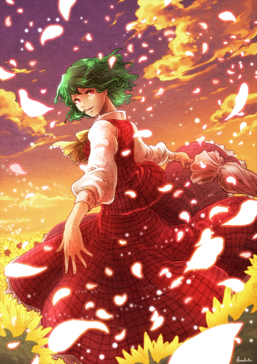 1girl ascot clouds cowboy_shot field flower flower_field from_behind green_hair hashibi_rokou highres kazami_yuuka long_skirt looking_at_viewer looking_back parasol petals plaid plaid_skirt plaid_vest puffy_sleeves red_eyes red_skirt red_vest short_hair signature skirt smile solo sunflower sunset touhou umbrella wind