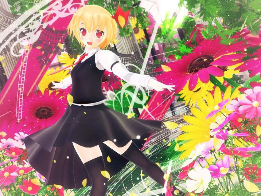 1girl 3d black_legwear blonde_hair blush bow colorful column commentary dutch_angle fang flower hair_bow happy highres kurogoma_(glassesgurasan) light_particles looking_at_viewer magic_circle mikumikudance necktie open_mouth outstretched_arms petals pillar red_eyes rumia short_hair skirt skirt_set smile solo sunlight thigh-highs touhou zettai_ryouiki