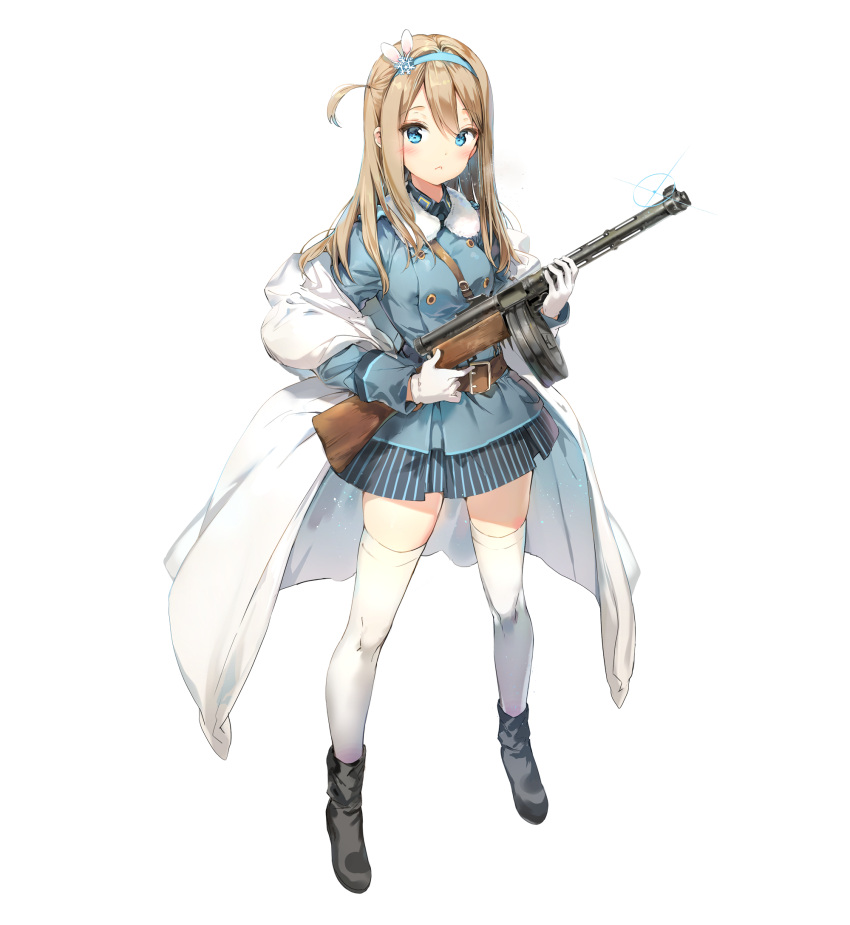 :&lt; anmi blue_eyes blush brown_hair girls_frontline headband highres jacket looking_at_viewer military military_uniform official_art solo thigh-highs uniform