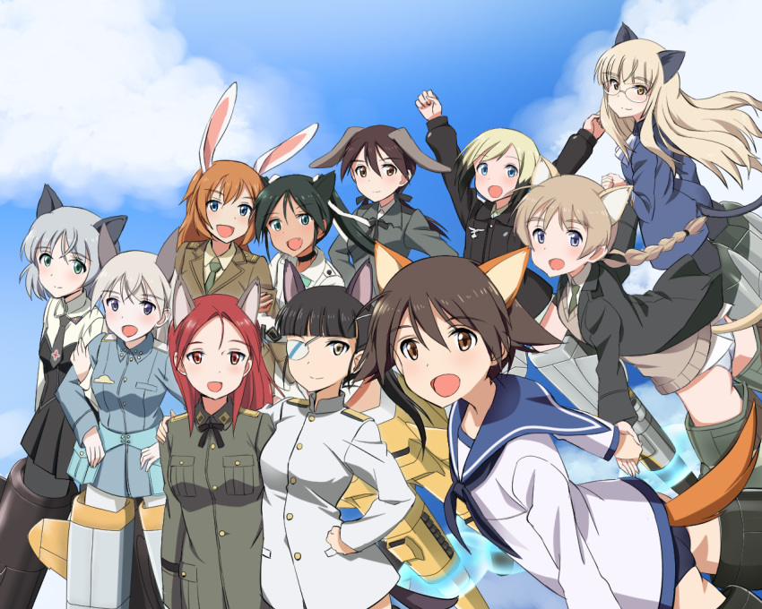 501st_joint_fighter_wing 6+girls :d :o animal_ears arms_up black_choker black_hair black_legwear black_ribbon blonde_hair blue_eyes blue_ribbon braid breasts brown_eyes brown_hair cat_ears cat_tail charlotte_e_yeager choker clenched_hands dog_ears dog_tail eila_ilmatar_juutilainen emblem erica_hartmann everyone eyepatch flying francesca_lucchini gertrud_barkhorn glasses green_eyes green_hair hair_between_eyes hair_ornament hair_ribbon hand_on_another's_shoulder hand_on_hip hands_on_hips holding_hands kaneko_(novram58) locked_arms long_hair long_sleeves looking_at_viewer lynette_bishop military military_uniform minna-dietlinde_wilcke miyafuji_yoshika multicolored_hair multiple_girls necktie open_mouth orange_eyes orange_hair panties pantyhose perrine_h_clostermann ponytail rabbit_ears redhead ribbon sakamoto_mio sanya_v_litvyak school_swimsuit school_uniform shirt short_hair silver_hair single_braid sky smile strike_witches striker_unit sweater_vest swimsuit tail twintails two-tone_hair underwear uniform violet_eyes white_legwear white_panties white_shirt wind world_witches_series yellow_eyes