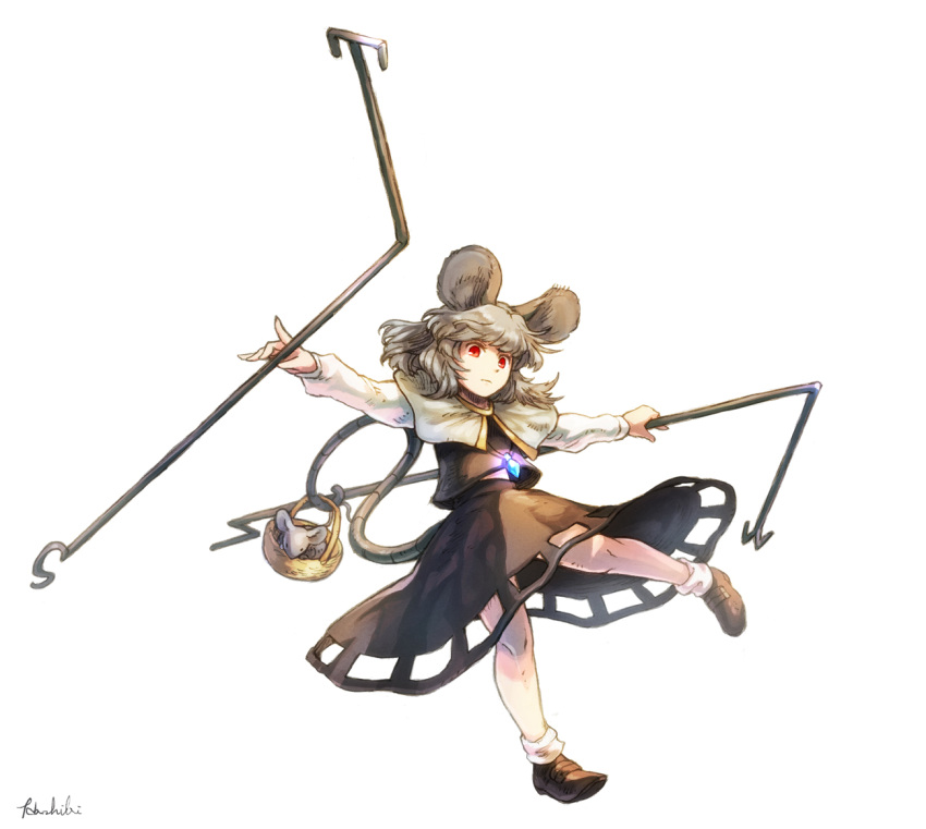 1girl animal_ears basket brown_shoes capelet cutout dowsing_rod full_body grey_hair grey_skirt grey_vest hashibi_rokou jewelry long_sleeves mouse mouse_ears mouse_tail nazrin pendant red_eyes shirt shoes signature simple_background skirt solo tail tail_hold touhou white_background white_legwear white_shirt