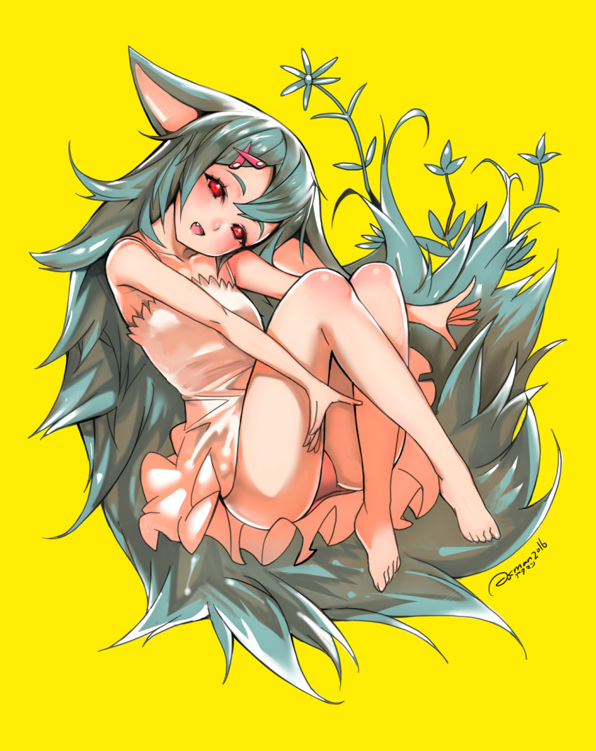 1girl akuman animal_ears aqua_hair bare_arms bare_legs bare_shoulders barefoot blush breasts crossed_legs dress fang flower frilled_dress frills hair_ornament hairclip highres kemono long_hair looking_at_viewer open_mouth original panties pointy_ears pointy_hair red_eyes short_dress simple_background sitting sleeveless sleeveless_dress small_breasts smile solo underwear white_dress yellow_background