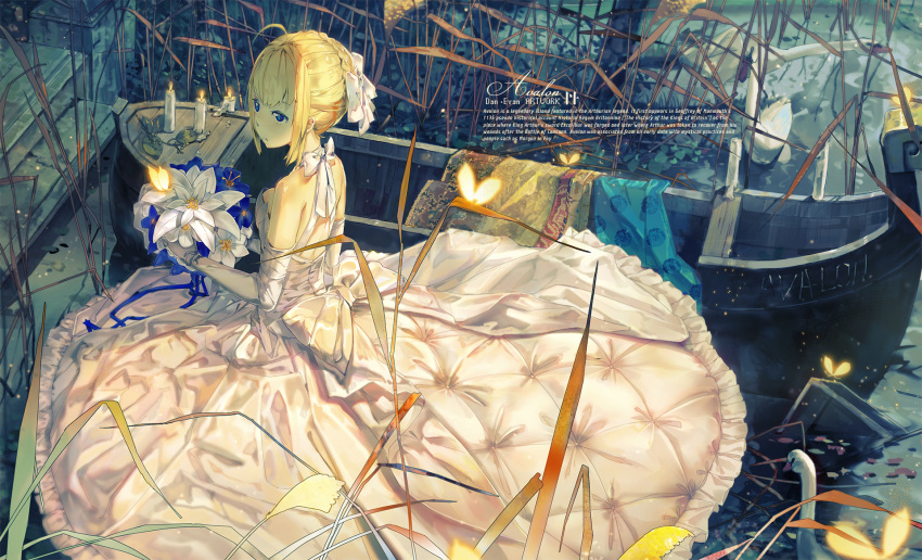 1girl alternate_costume bare_shoulders bird blonde_hair blue_eyes bouquet braid breasts butterfly candle closed_mouth dress el-zheng elbow_gloves english fate/stay_night fate_(series) flower gloves grass hair_ribbon highres looking_away ribbon saber ship short_hair small_breasts solo swan watercraft wedding_dress white_dress white_gloves white_ribbon