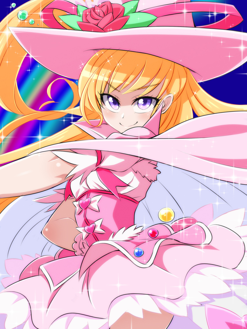 1girl alexandrite_style asahina_mirai blonde_hair cape cure_miracle eyebrows eyebrows_visible_through_hair flower hand_on_hip hat highres konboi-eg long_hair magical_girl mahou_girls_precure! pink_skirt precure rose skirt smile solo violet_eyes witch_hat