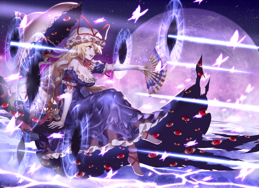 1girl :d above_clouds backlighting blonde_hair bobby_socks breasts butterfly choker cleavage commentary crossed_legs danmaku dress energy_beam eyes fan floating folding_fan frilled_dress frills from_side full_body full_moon gap glowing_butterfly hair_ribbon hands hat hat_ribbon kikugetsu large_breasts long_hair looking_afar looking_away mob_cap moon night night_sky no_shoes off-shoulder_dress off_shoulder open_mouth outstretched_arm parasol profile purple_dress red_eyes red_ribbon ribbon ribbon_choker shiny shiny_skin short_sleeves sitting sky smile socks solo star_(sky) starry_sky teeth touhou umbrella very_long_hair violet_eyes white_legwear yakumo_yukari