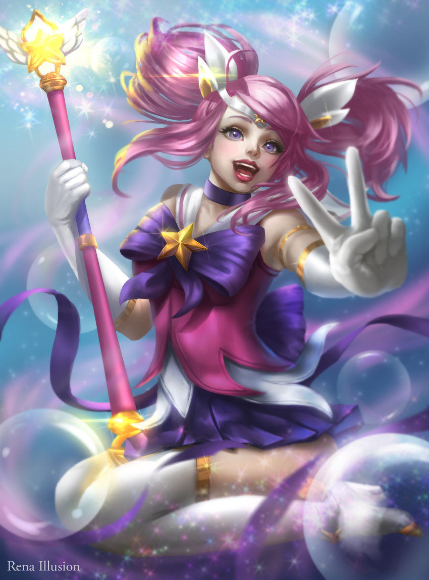 1girl absurdres artist_name boots choker elbow_gloves full_body gloves hair_ornament happy heart highres league_of_legends long_hair luxanna_crownguard pink_hair rena_illusion solo star star_guardian_lux star_hair_ornament twintails v violet_eyes wings