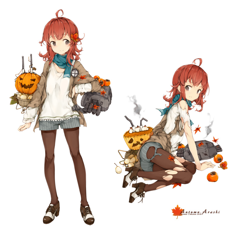 1girl 2016 ahoge alternate_costume arashi_(kantai_collection) arm_support autumn autumn_leaves basket black_legwear blouse blue_scarf boots brown_eyes cannon character_name collarbone copyright_name egg eyebrows eyebrows_visible_through_hair food fruit full_body hair_ornament hand_on_hip high_heel_boots high_heels highres jack-o'-lantern jacket kantai_collection leaf leaf_hair_ornament long_hair looking_at_viewer looking_to_the_side malachite maple_leaf multiple_views pantyhose persimmon redhead scarf searchlight short_shorts shorts simple_background sitting smile smoke standing torn_clothes torn_pantyhose torpedo white_background yokozuwari