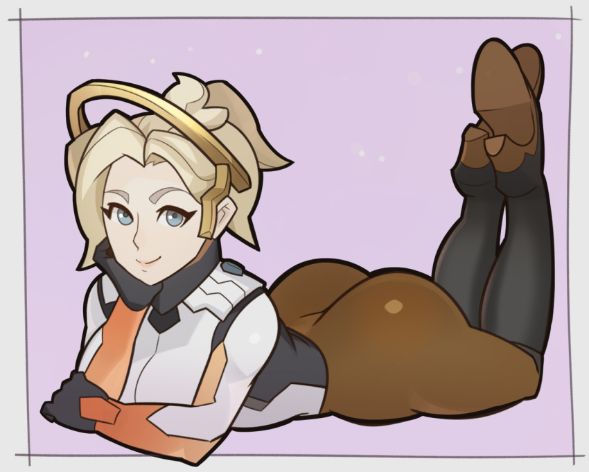 1girl arm_support ass blonde_hair blue_eyes halo high_heels legs_up looking_at_viewer mechanical_halo mercy_(overwatch) overwatch pantyhose short_hair smile solo splashbrush