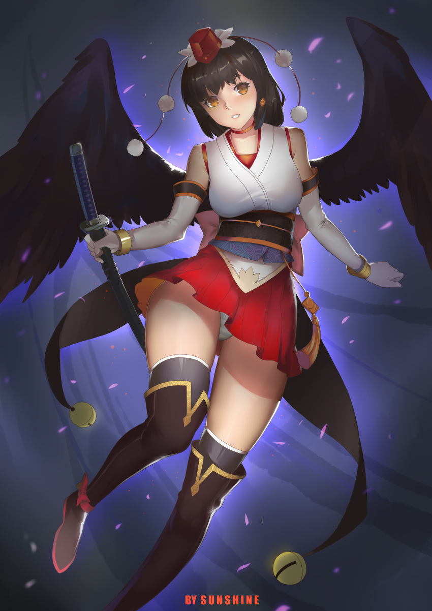 1girl :d absurdres alternate_costume artist_name bare_shoulders bell bird_wings black_hair black_legwear black_wings blush boots bracelet breasts brown_eyes choker commentary elbow_gloves feathered_wings gloves hat highres holding holding_sword holding_weapon japanese_clothes jewelry jingle_bell katana knee_boots large_breasts looking_at_viewer miniskirt obi open_mouth over-kneehighs panties pantyshot pantyshot_(standing) pom_pom_(clothes) red_skirt sash shameimaru_aya sheath sheathed short_hair skirt smile solo standing sunshine_(1638509769) sword thigh-highs tokin_hat touhou underwear weapon white_gloves white_panties wings