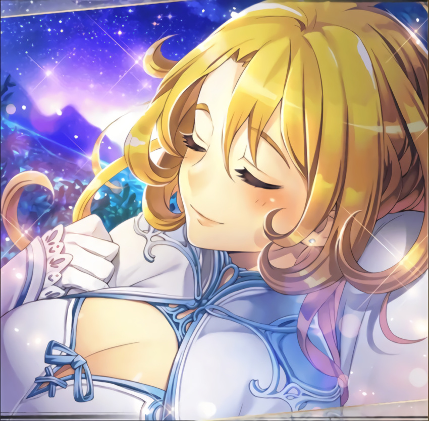 1girl background blonde_hair breasts cleavage cleavage_cutout closed_eyes earrings excalibur_(phantom_of_the_kill) eyebrows eyebrows_visible_through_hair field frilled_gloves frills game_cg gloves jewelry long_eyelashes mountain official_art phantom_of_the_kill scenery sky sleeping smile sparkle star star_(sky) starry_sky wavy_hair