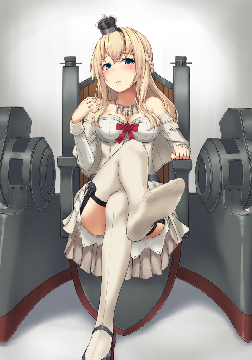 1girl blonde_hair blue_hair braid breasts cleavage commentary convenient_leg crossed_legs crown dress feet garter_straps half_updo highres jewelry kantai_collection long_sleeves machinery mini_crown monoku necklace no_shoes pov_feet red_ribbon ribbon single_shoe sitting soles solo thigh-highs toes warspite_(kantai_collection) white_legwear