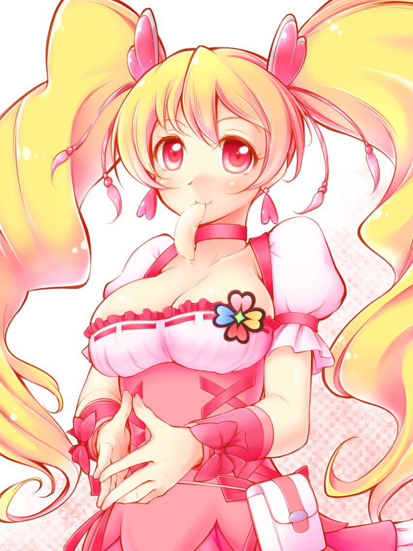 1girl arakawa_tarou blonde_hair breasts choker cleavage cure_peach earrings fresh_precure! highres jewelry long_hair looking_at_viewer magical_girl medium_breasts momozono_love mouth_hold pink_eyes precure solo twintails