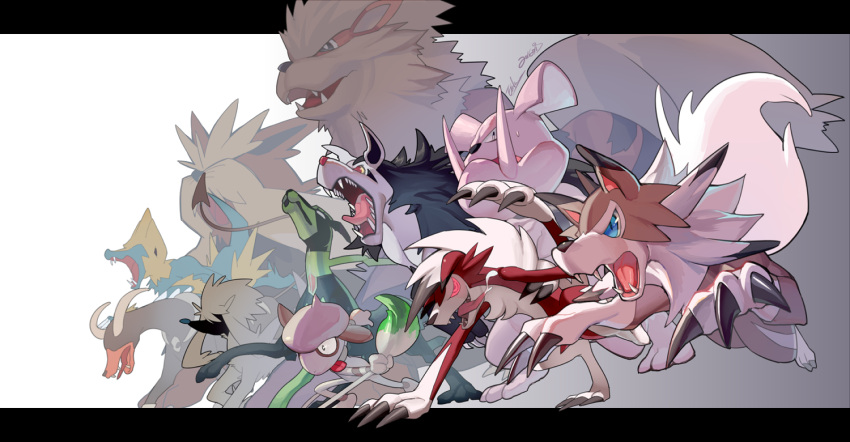 animal_ears arcanine artist_name claws closed_mouth dog dog_ears dog_tail ege_(597100016) fangs fur furfrou granbull houndoom lugarugan manectric mightyena no_humans open_mouth pokemon smeargle stoutland tail trait_connection white_background zygarde_10_percent