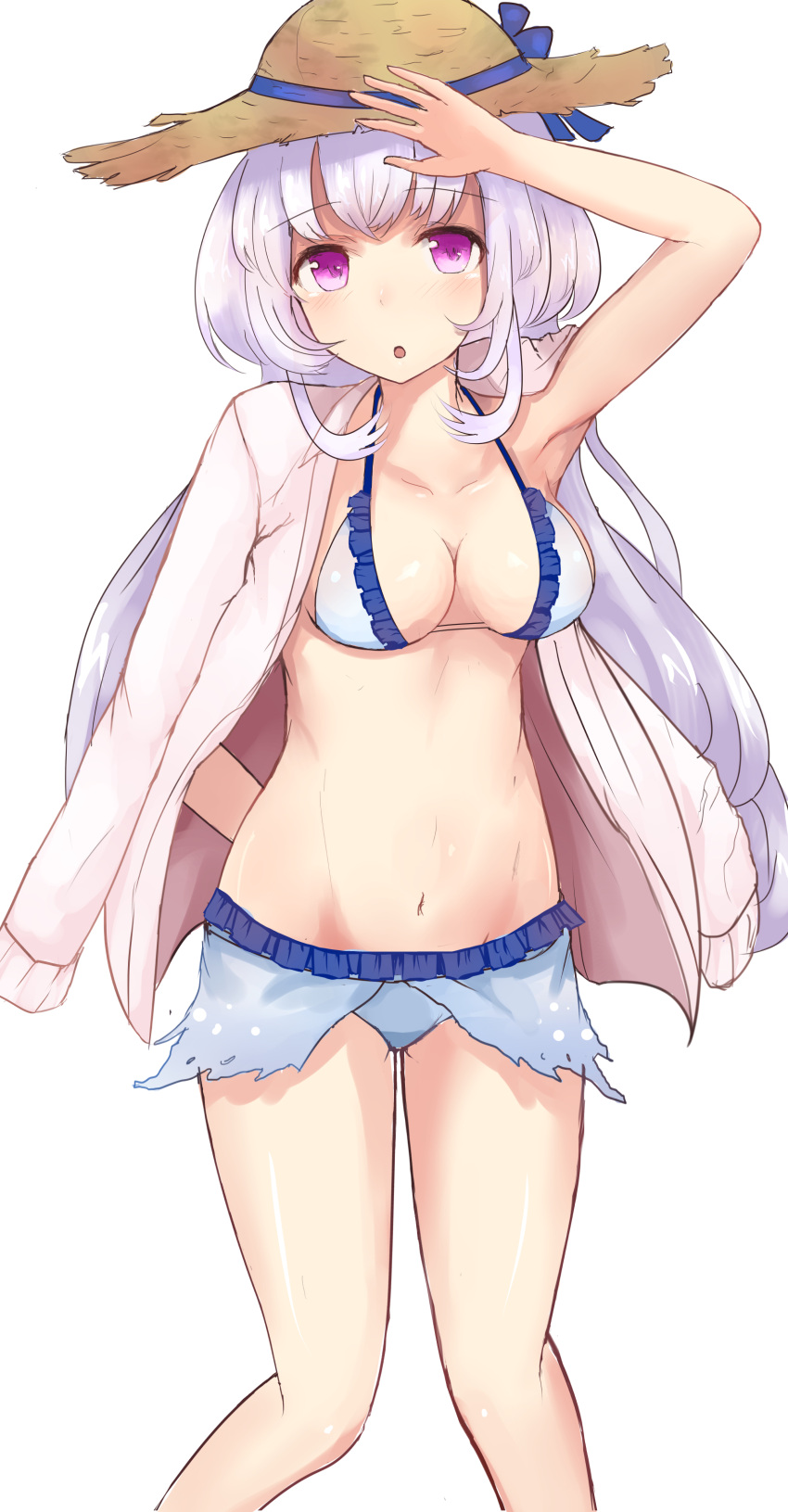 1girl :o absurdres arm_behind_back arm_up armpits bare_arms bare_legs bare_shoulders bikini blush breasts brown_hat cleavage collarbone eleanor_(merc_storia) eyebrows eyebrows_visible_through_hair frilled_bikini frills hat highres jacket jacket_on_shoulders kinryuu lavender_hair long_hair long_sleeves looking_at_viewer medium_breasts merc_storia navel open_clothes open_jacket open_mouth pink_eyes pink_jacket simple_background solo standing stomach straw_hat swimsuit thighs very_long_hair white_background white_bikini_top