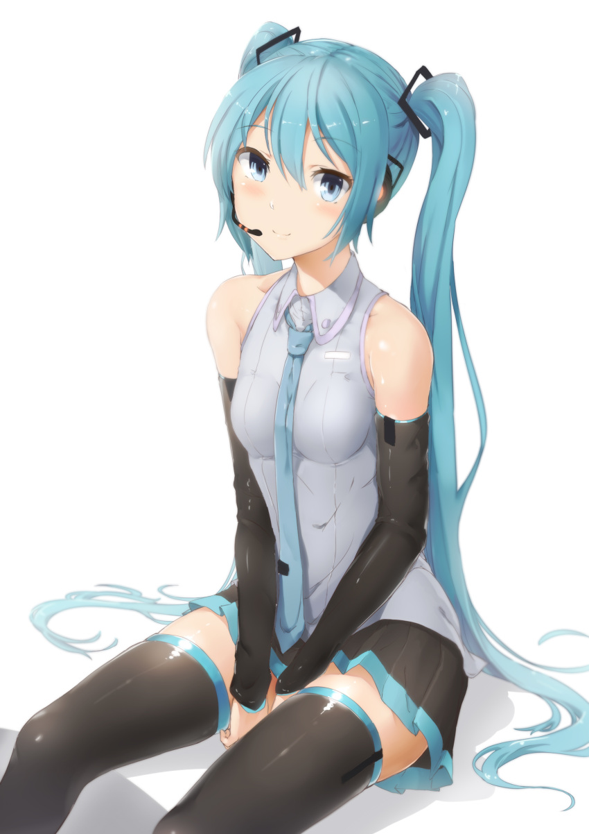 1girl abmayo bare_shoulders black_legwear black_skirt blue_necktie blush breasts closed_mouth collared_shirt detached_sleeves grey_shirt hatsune_miku headset highres long_hair long_sleeves looking_at_viewer necktie shiny shiny_skin shirt simple_background skirt sleeveless sleeveless_shirt small_breasts smile solo thigh-highs twintails very_long_hair vocaloid white_background wing_collar zettai_ryouiki
