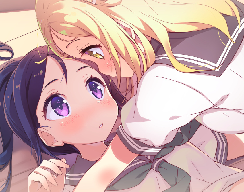 2girls blonde_hair blue_hair blush highres long_hair love_live! love_live!_sunshine!! lying matsuura_kanan multiple_girls ohara_mari on_back parted_lips ponytail school_uniform serafuku u-ichi violet_eyes yellow_eyes yuri