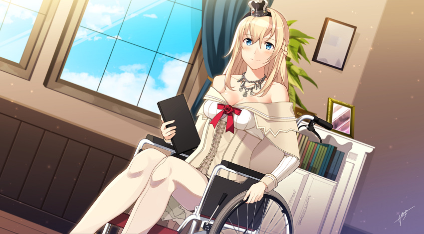 1girl bare_shoulders blonde_hair blue_eyes blue_sky blush book braid breasts clouds cloudy_sky commentary_request corset crown curtains dress flower french_braid hair_between_eyes hairband indoors jewelry kantai_collection long_hair long_sleeves looking_at_viewer medium_breasts mini_crown necklace off_shoulder photo_(object) red_ribbon red_rose ribbon rose sahuyaiya signature sitting skirt sky smile solo thigh-highs warspite_(kantai_collection) wheelchair white_dress white_legwear window