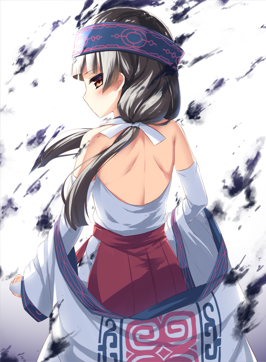 1girl ainu_clothes amayadori_machi back bangs bare_shoulders black_hair blunt_bangs blush brown_eyes commentary_request from_behind hair_ribbon hakama headband highres japanese_clothes kumamiko long_hair looking_at_viewer looking_back low_twintails miko olive_(laai) red_hakama ribbon solo standing twintails undressing