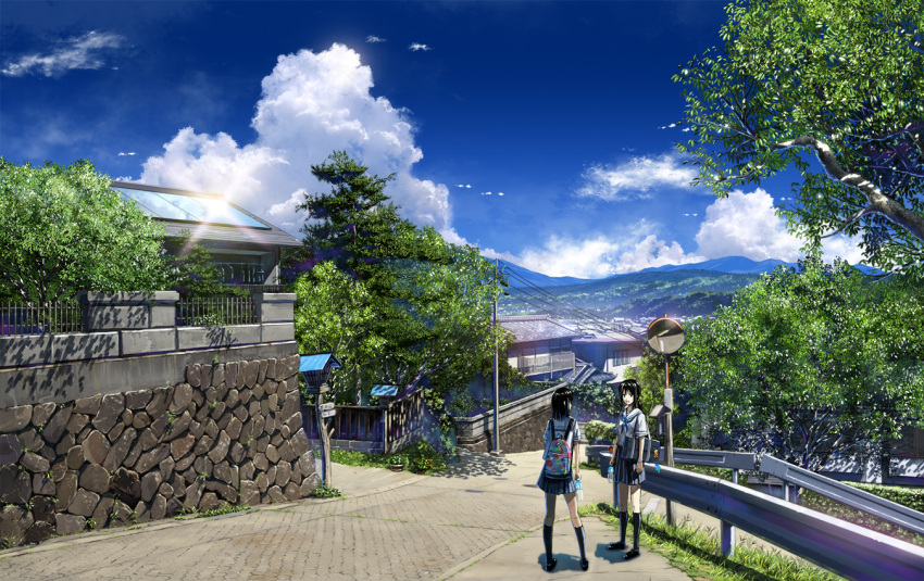 2girls architecture backpack bag black_hair blue_sky bokuden clouds cloudy_sky east_asian_architecture grass guard_rail mirror mountain multiple_girls original power_lines road scenery school_uniform serafuku short_hair skirt sky solar_panel summer sun_glare telephone_pole tree