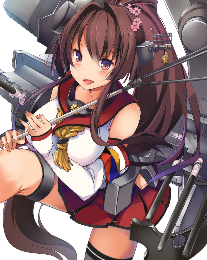 absurdres asymmetrical_legwear bare_shoulders breasts brown_eyes brown_hair collar flower hair_flower hair_intakes hair_ornament headgear highres kamui0226 kantai_collection large_breasts leg_up long_hair looking_at_viewer machinery open_mouth pleated_skirt ponytail radar radio_antenna red_skirt simple_background skirt turret very_long_hair white_background yamato_(kantai_collection) z_flag