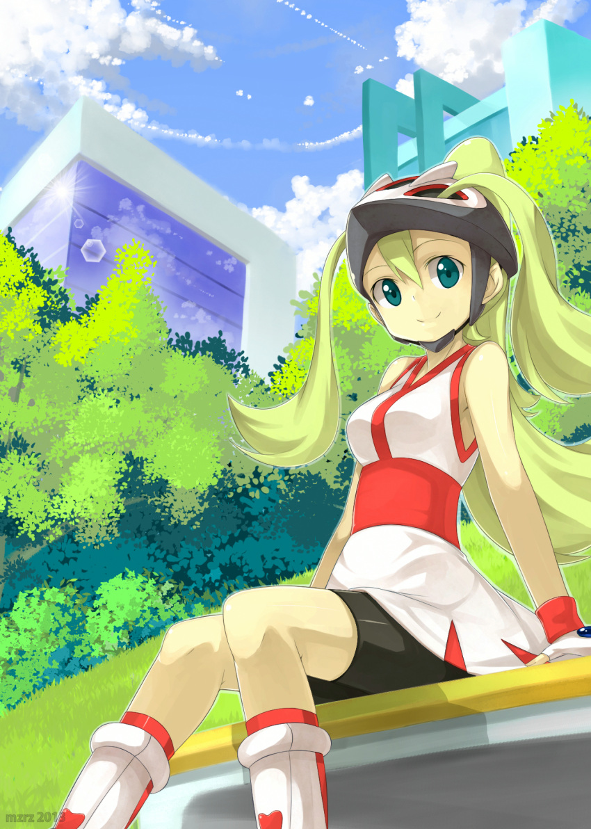 1girl bare_shoulders bicycle_helmet bike_shorts blonde_hair blue_eyes boots clouds fingerless_gloves gloves gym_leader helmet highres knee_boots koruni_(pokemon) long_hair mzrz outdoors pokemon pokemon_(game) pokemon_xy ponytail roller_skates shirt shorts shorts_under_skirt skates skirt sky sleeveless sleeveless_shirt smile solo very_long_hair