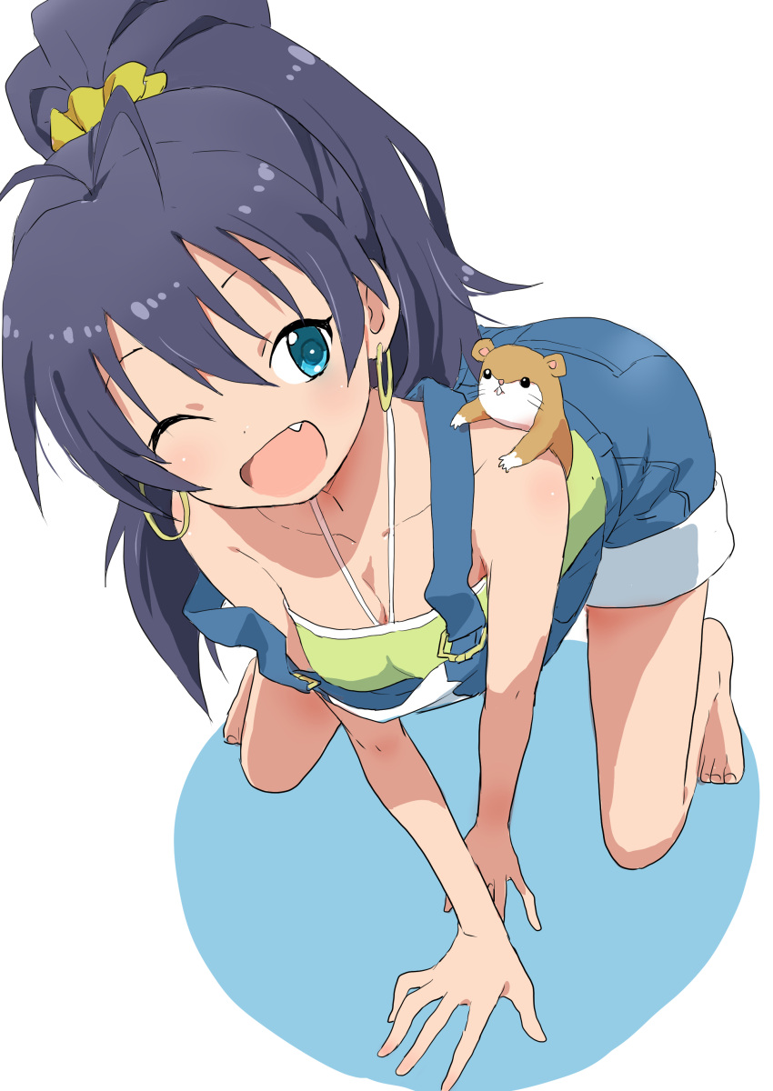1girl ;d absurdres all_fours barefoot black_hair blue_eyes breasts cleavage earrings fang ganaha_hibiki hamster highres idolmaster jewelry long_hair one_eye_closed open_mouth overalls ponytail smile yamamoto_souichirou