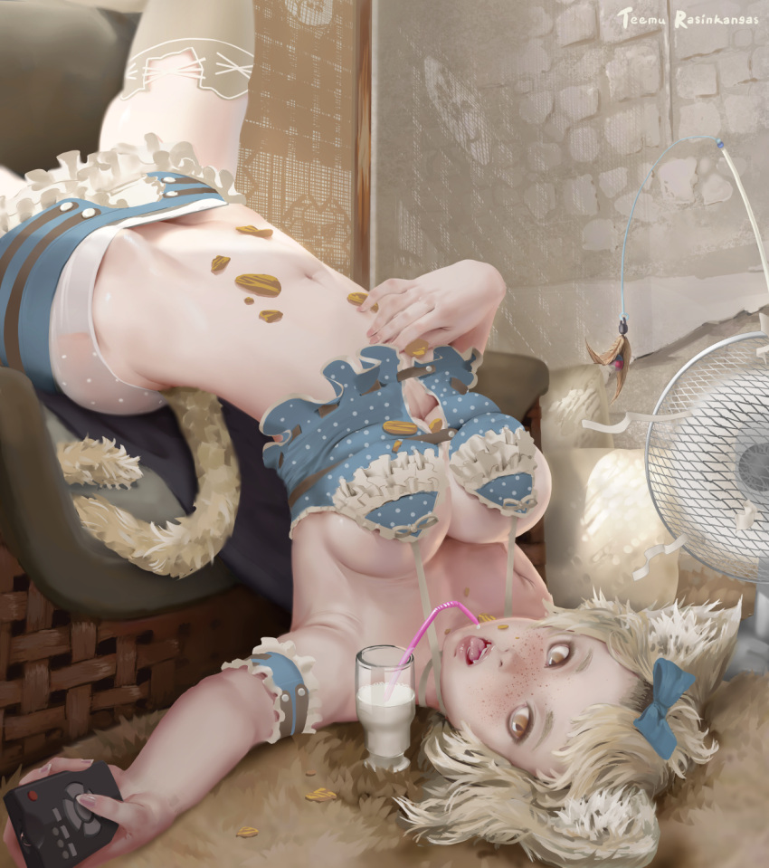 1girl animal_ears arm_garter armchair artist_name bangs_pinned_back blonde_hair bow breasts brown_eyes carpet cat_ears cat_tail cat_teaser chair chips cleavage controller crop_top cup cushion drinking_glass drinking_straw electric_fan fangs fingernails food food_on_body foreshortening freckles frills grey_legwear hair_bow hand_on_own_stomach highres hip_bones holding indoors long_fingernails looking_at_viewer medium_breasts messy midriff milk miniskirt navel no_bra open_mouth original outstretched_arms polka_dot remote_control silver_hair skirt sleeveless slit_pupils solo spaghetti_strap stomach strap_gap tail teemu_rasinkangas thigh-highs tongue tongue_out upside-down