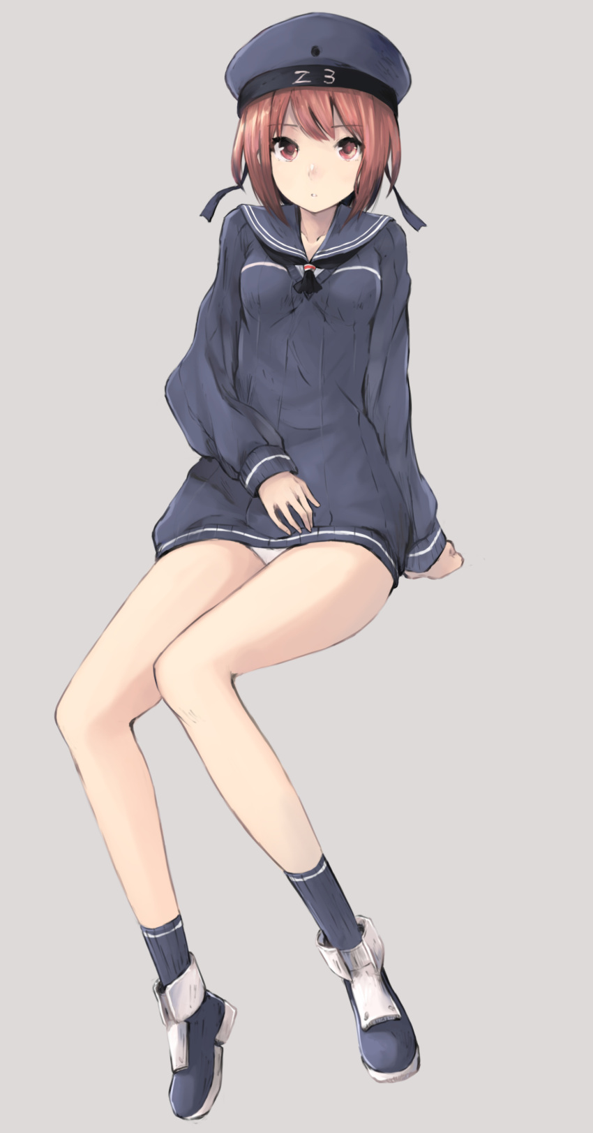 absurdres auburn_hair bare_legs blue_hat blue_legwear blue_ribbon blue_shirt blue_shoes brown_eyes hat highres kantai_collection koretsuki_aduma long_sleeves no_pants panties panty_peek ribbon sailor_collar sailor_hat shirt shoes short_hair socks sweater underwear white_panties z3_max_schultz_(kantai_collection)