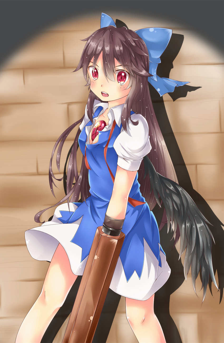1girl absurdres arm_cannon bird_wings black_hair blue_dress blush bow brick_wall cirno cirno_(cosplay) commentary_request cosplay dress feng_ling_(fenglingwulukong) hair_bow highres long_hair looking_at_viewer open_mouth puffy_short_sleeves puffy_sleeves red_eyes reiuji_utsuho ribbon shadow short_sleeves solo spotlight third_eye touhou weapon wings