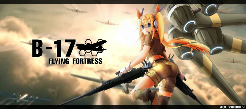 ass b-17_flying_fortress blonde_hair blue_eyes clouds flying gloves gun heavy_machine_gun highres looking_back machine_gun mag personification safety_glasses shorts twintails weapon