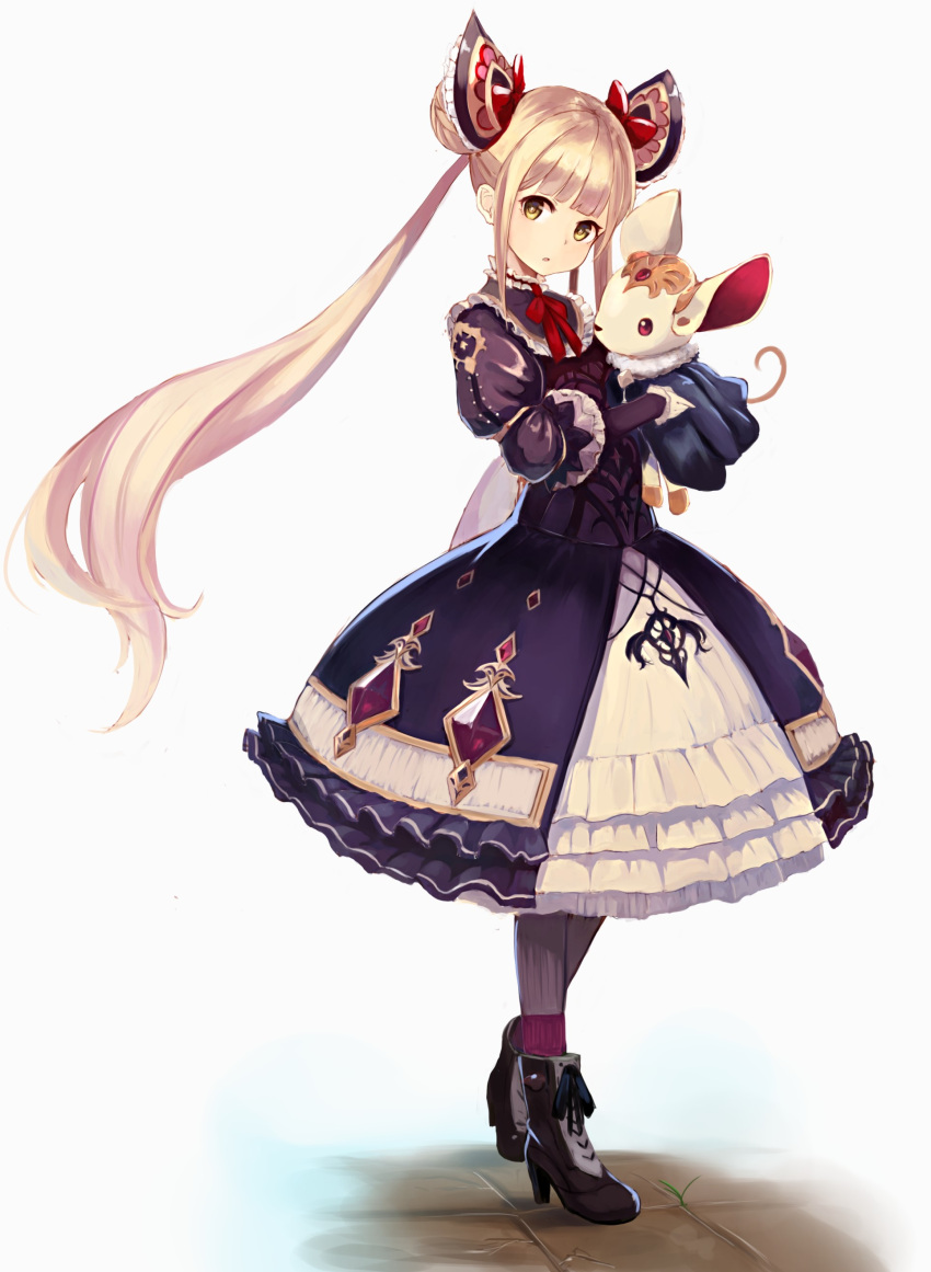 1girl absurdres animal_ears bangs black_dress black_shoes blonde_hair blunt_bangs double_bun dress full_body hair_ornament high_heels highres homo_1121 long_hair looking_at_viewer luna_(shadowverse) petticoat puffy_sleeves red_ribbon ribbon shadowverse shoes sidelocks simple_background solo standing twintails very_long_hair white_background yellow_eyes
