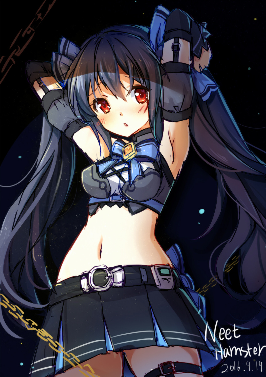 1girl armpits bare_shoulders black_hair blush breasts cleavage hair_ornament hamster_(hanmster) highres long_hair looking_at_viewer navel neptune_(series) noire open_mouth red_eyes ribbon solo twintails