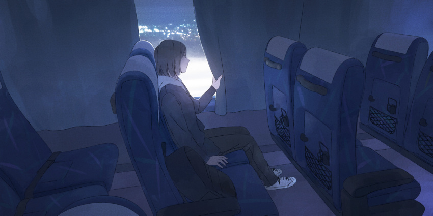 1girl backlighting backpack bag chair city city_lights curtains dark ground_vehicle highres hood hoodie looking_out_window namito original profile shoes short_hair sitting sneakers solo train train_interior