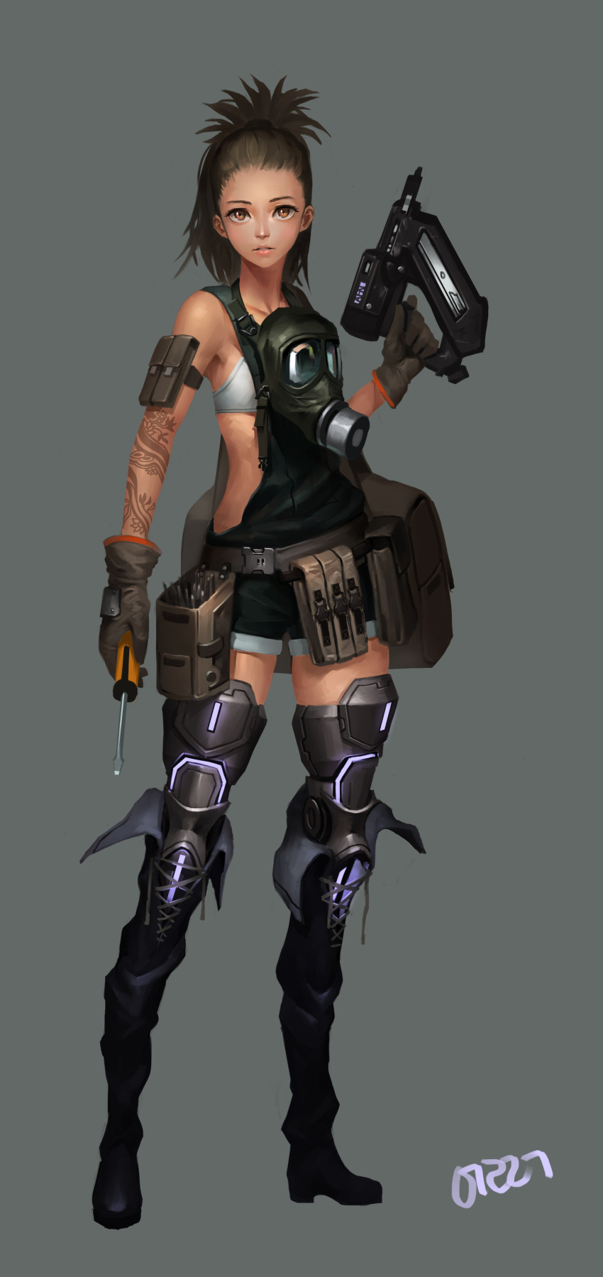 1girl absurdres bag bandeau black_boots boots brown_eyes brown_gloves brown_hair collarbone dated full_body gas_mask gloves grey_background highres holding jayjiwoo_park knee_boots nailgun number original overalls parted_lips realistic screwdriver simple_background solo tattoo tool_belt